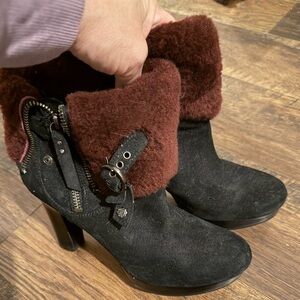 Ugg Black Suede and Faux Red Sherpa Women's Boots